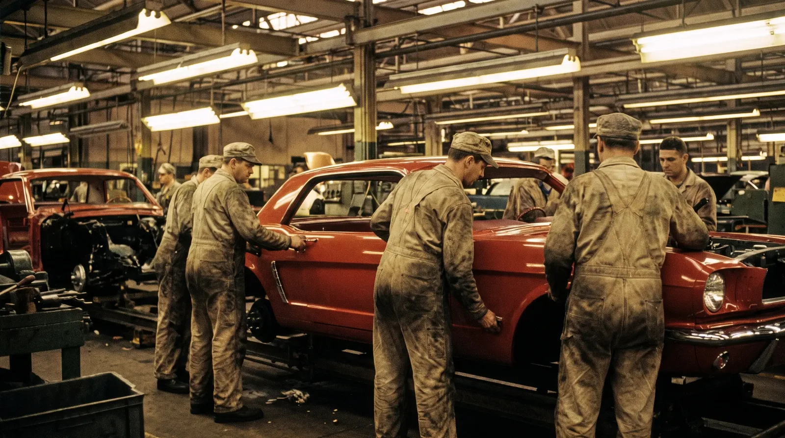 1960s factory workers on the Ford Mustang assembly line
