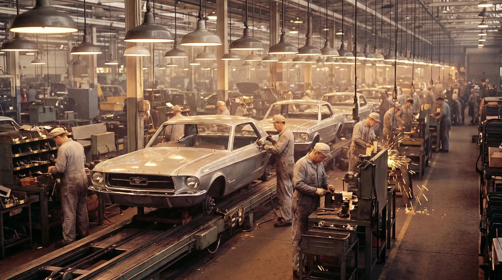 Vintage Ford Mustang assembly line in a factory
