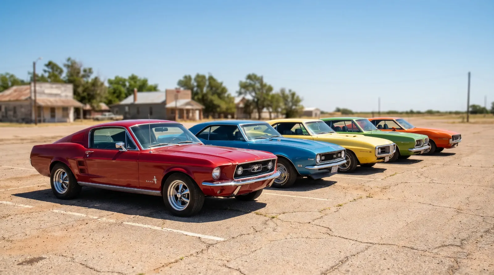 Lineup of late-1960s American pony cars with a Ford Mustang in front