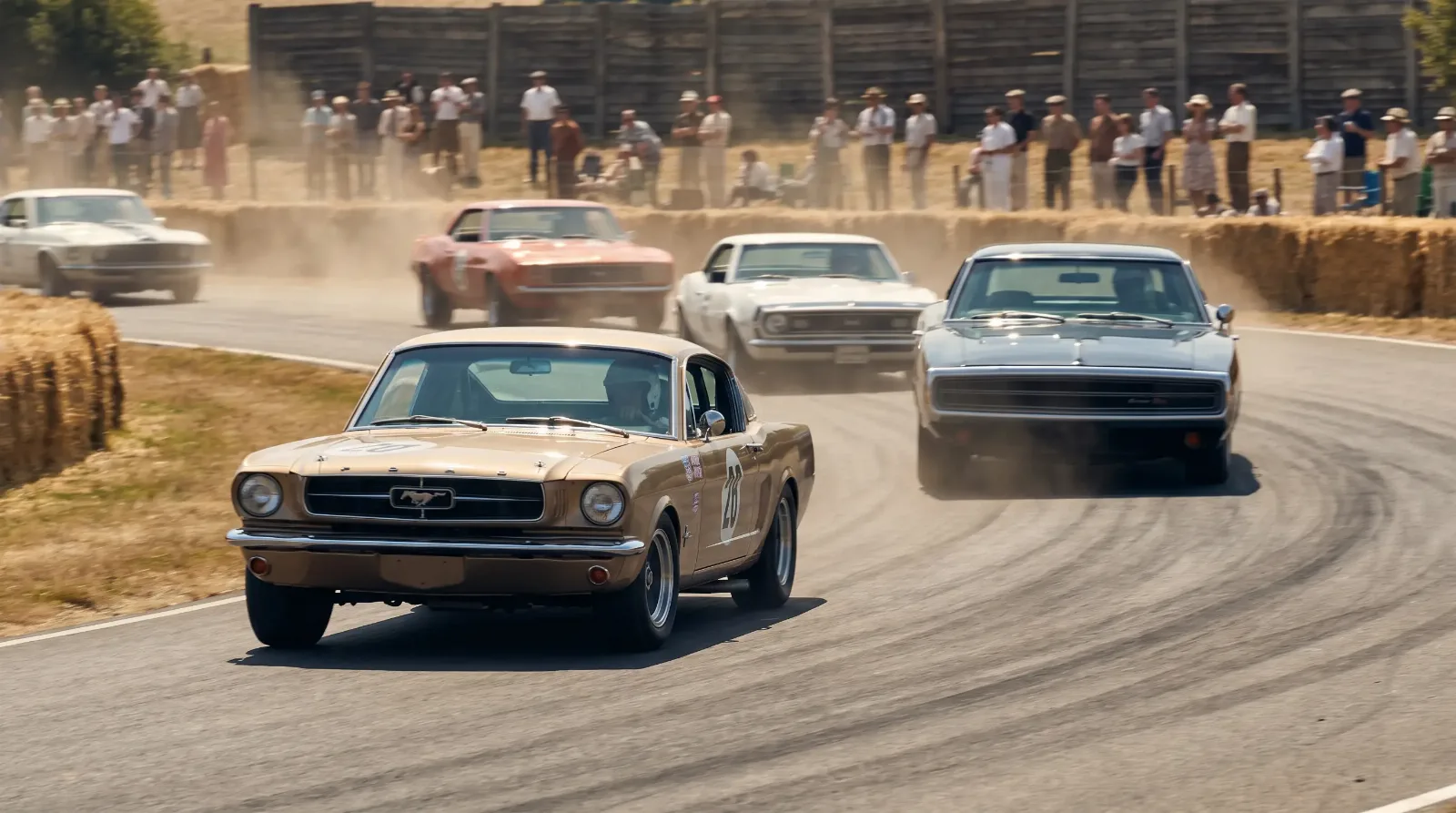 Classic Ford Mustang leading a pack of pony cars on a race circuit