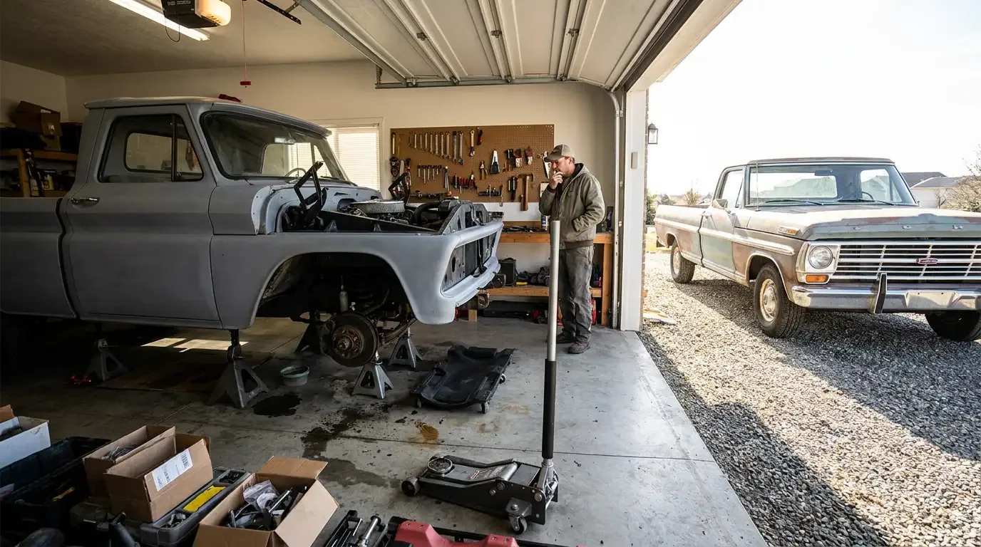 A disassembled classic pickup in gray primer with no bumpers on jack stands in a cluttered garage, next to a clean, drivable classic pickup on the sunlit driveway outside