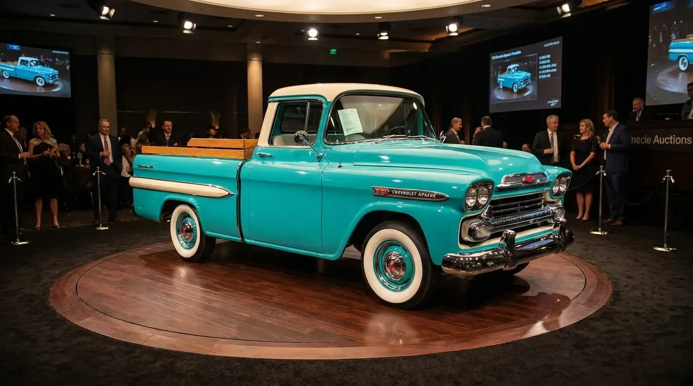 A rare special-edition classic American pickup in bold two-tone paint and gleaming chrome on a rotating display under spotlights at a premier collector-car auction