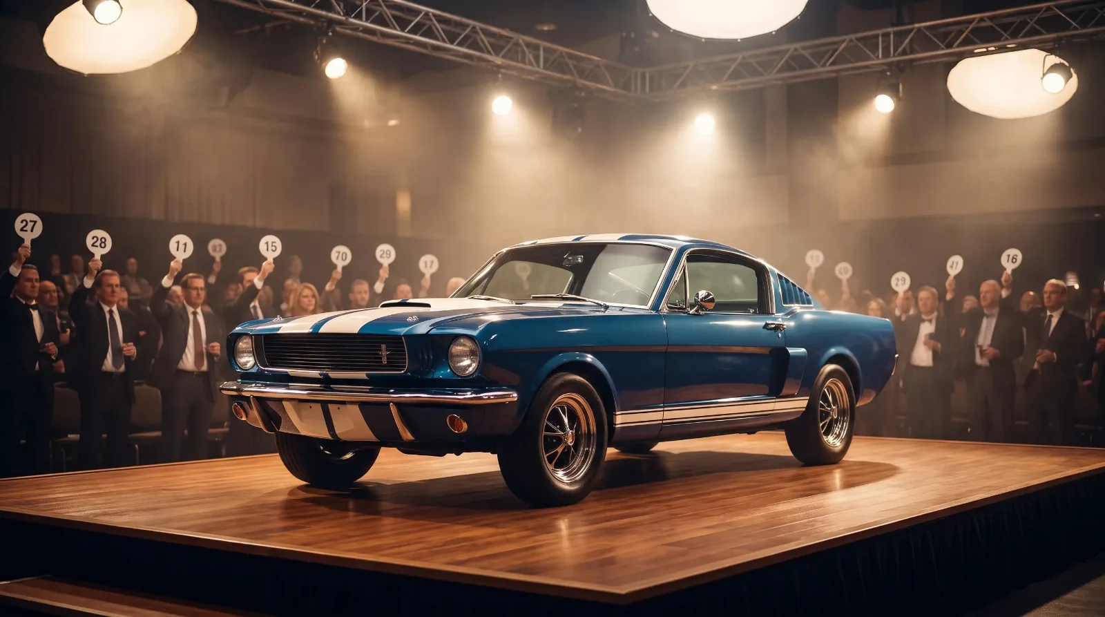 Striped classic Ford Mustang fastback on an auction stage