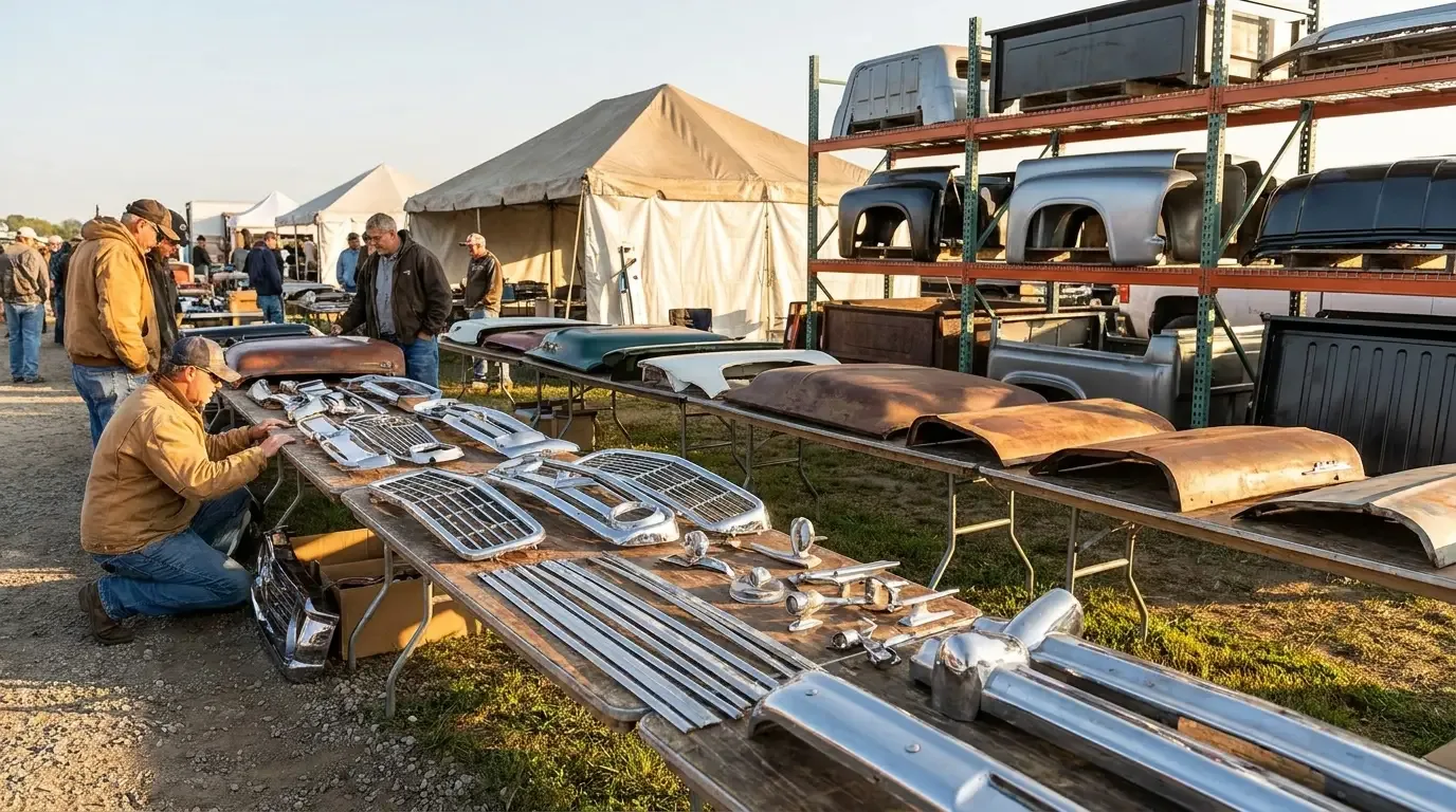Classic truck parts swap meet with chrome grilles, trim, and body panels on tables and shelves of reproduction sheet-metal panels