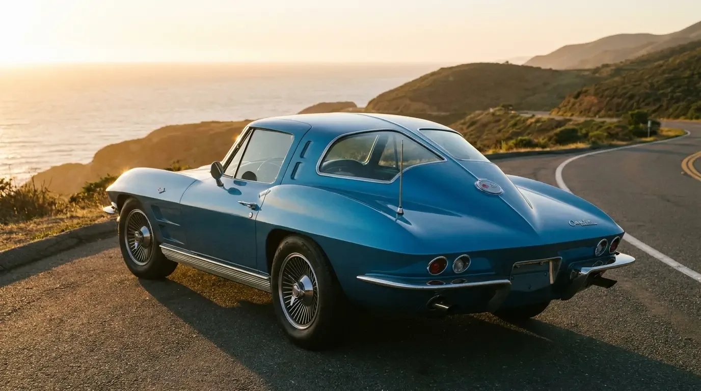 1963 Chevrolet Corvette Sting Ray split-window coupe rear three-quarter view showing the distinctive vertical spine dividing the rear window, Nassau Blue paint at golden hour