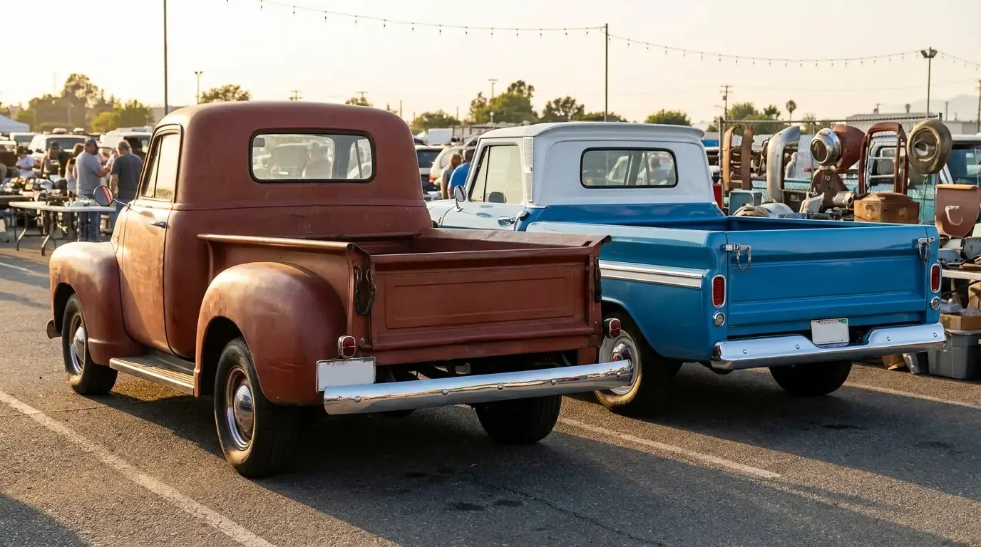Rear three-quarter view of a fendered stepside classic pickup with external rear fenders and a running board step, parked beside a smooth slab-sided fleetside pickup, contrasting the two classic truck bed styles