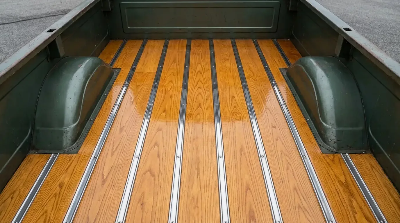 Looking down into a restored classic truck bed with a finished oak wood-plank floor and polished stainless steel bed strips