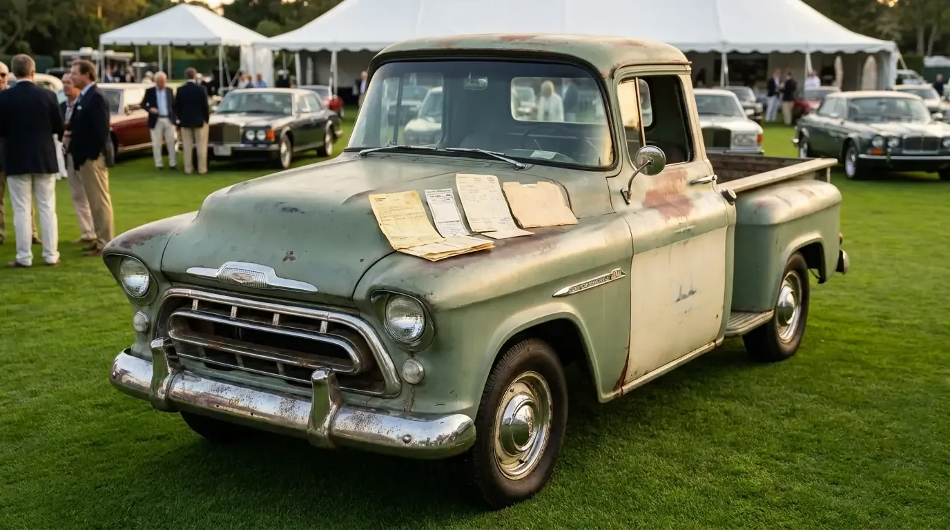 Unrestored survivor classic pickup truck at a concours with original build sheet, window sticker, and documentation laid on the hood proving originality and value