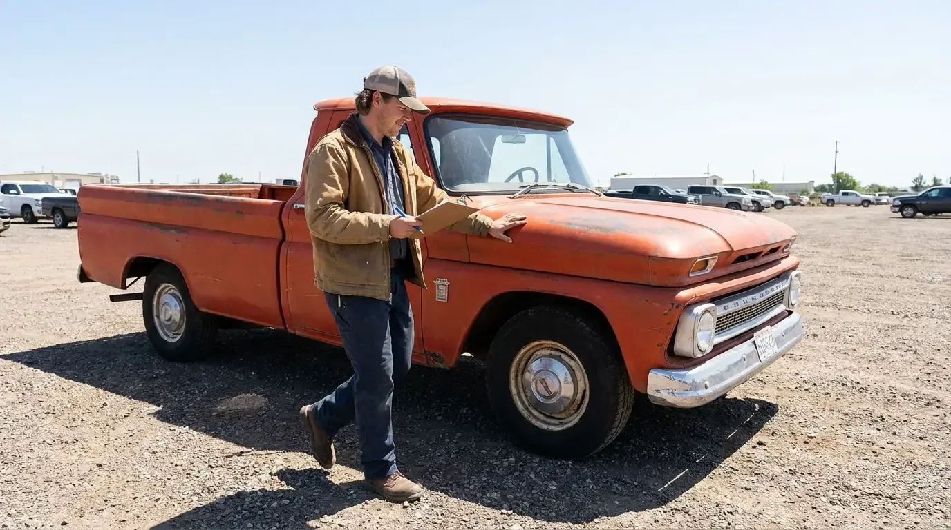 A buyer with a clipboard walks around a classic pickup truck in bright daylight, working through a pre-purchase inspection checklist.