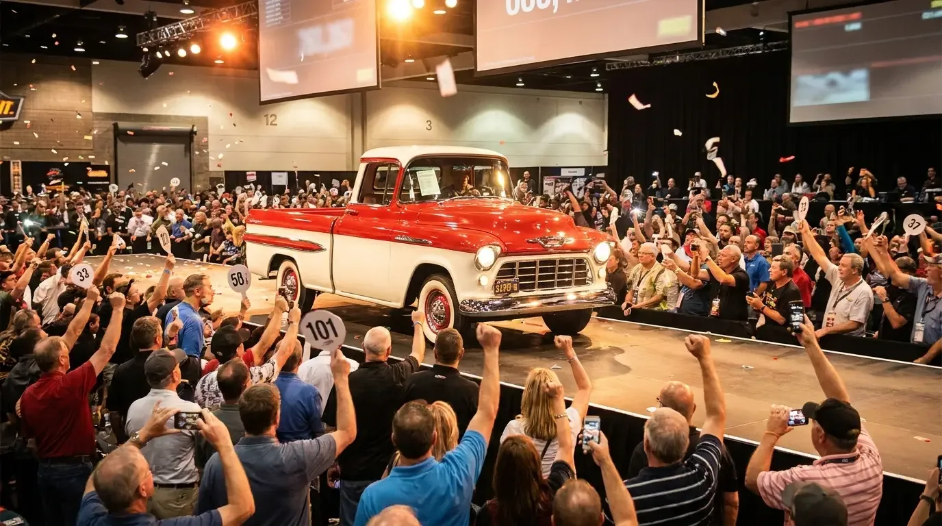 An excited crowd of bidders raising paddles around a gleaming classic pickup truck crossing a packed auction stage under bright lights