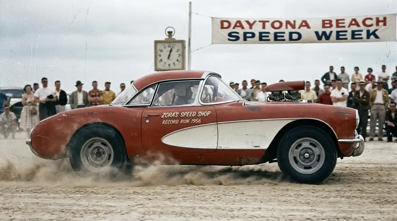 A 1956 Chevrolet Corvette at speed on Daytona Beach, recreating the atmosphere of Zora Arkus-Duntov's famous 150 mph two-way flying mile speed record run