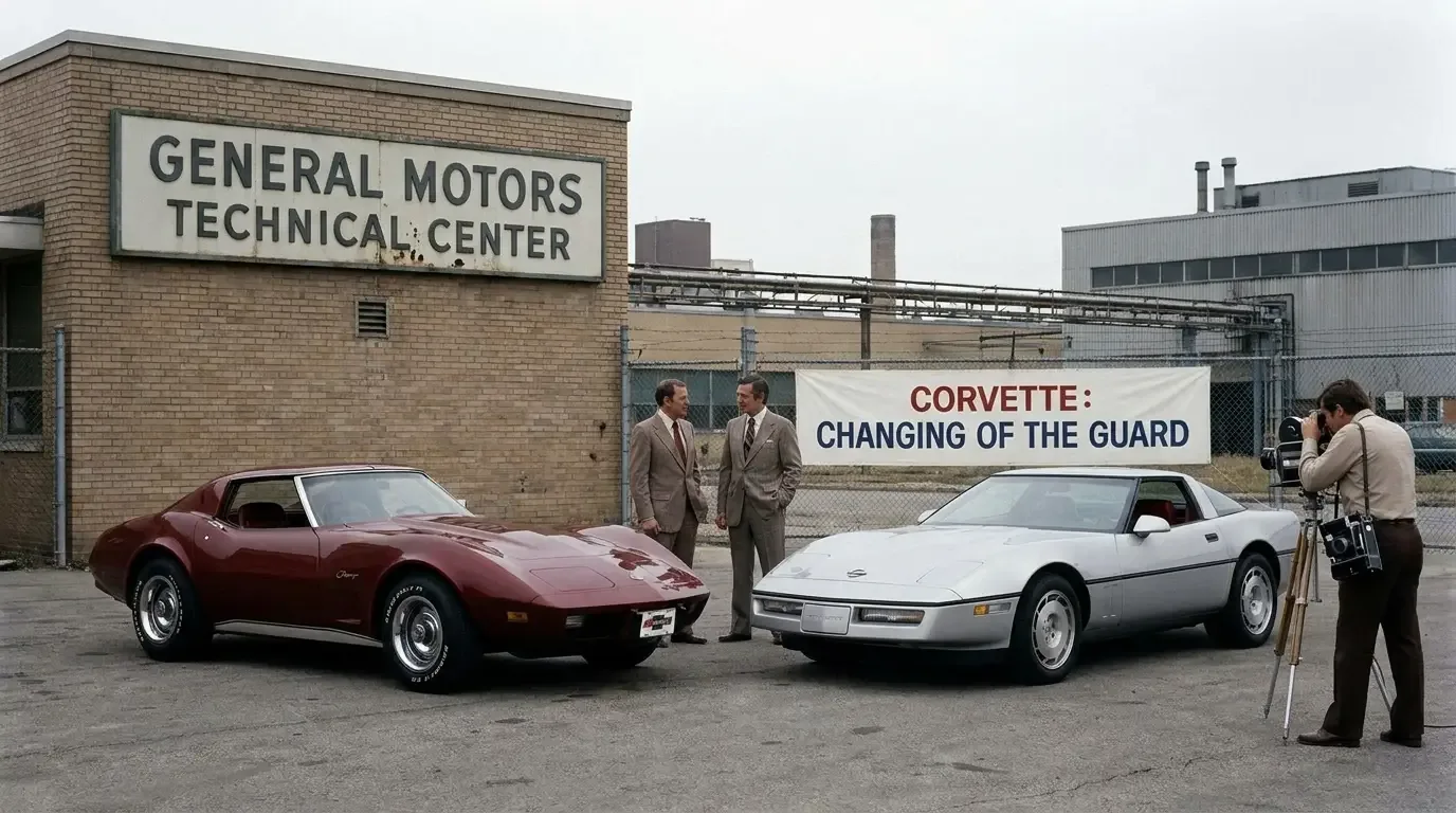 A 1975 C3 Corvette beside a 1984 C4 Corvette representing the generational handoff from Zora Arkus-Duntov to Dave McLellan as Corvette chief engineer