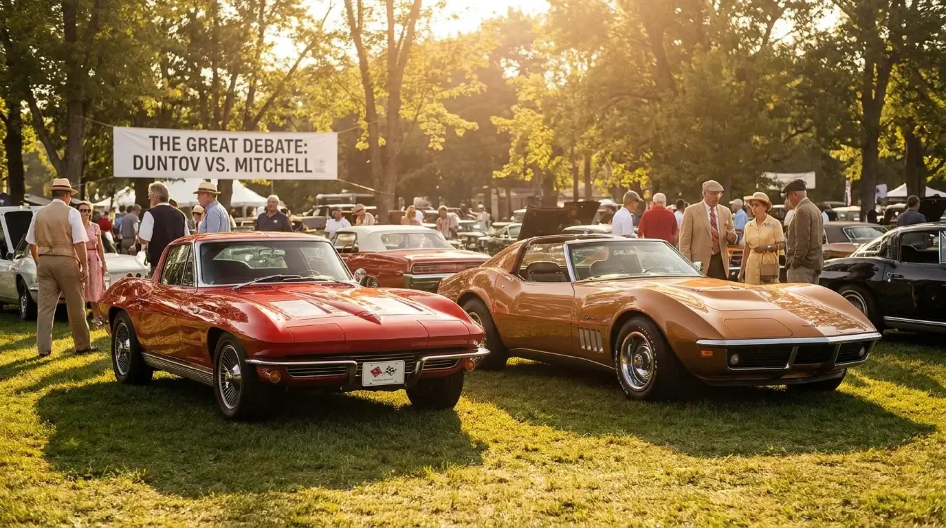 A 1963 C2 Corvette Sting Ray coupe and a 1968 C3 Corvette side by side at golden hour, representing the generational design conflict between Zora Duntov and Bill Mitchell at GM