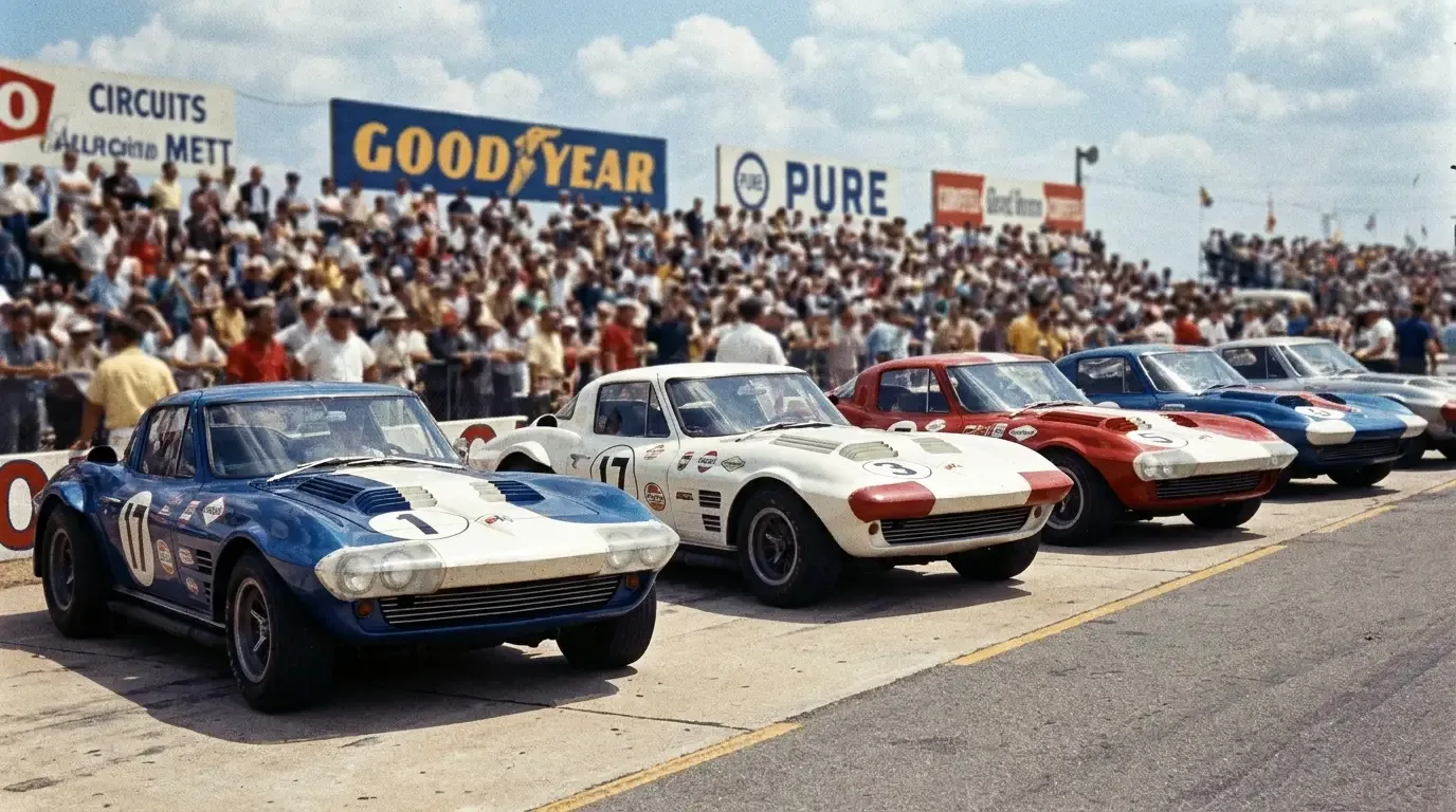 Five 1963 Chevrolet Corvette Grand Sport lightweight racing coupes lined up at a race circuit, the entire production run of Zora Arkus-Duntov's Le Mans challenger