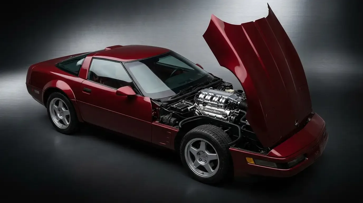 1990 Chevrolet Corvette ZR-1 King of the Hill with engine bay open showing the Lotus-designed LT5 32-valve DOHC engine assembled by Mercury Marine